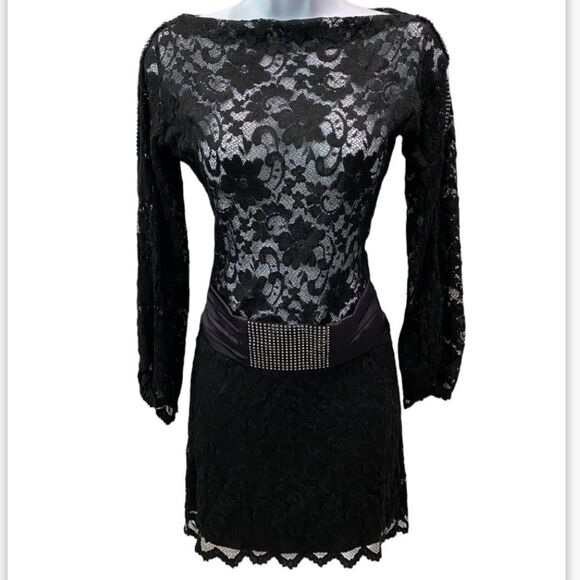 Sentimental NY By Sam Hourani Black Lace Dress With Rhinestone Tuxedo Belt Sz M - Picture 13 of 13